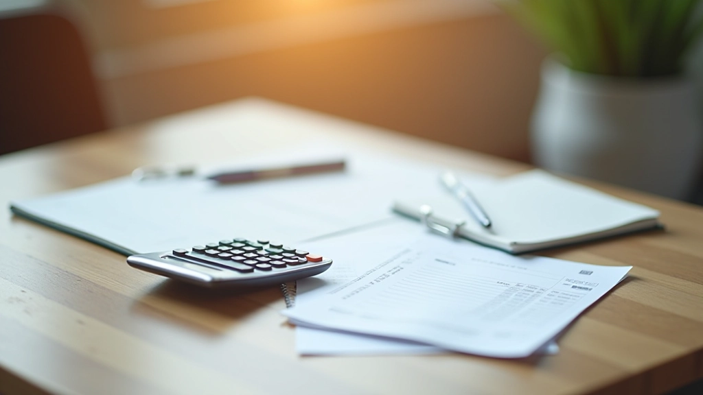 Financial calculator and expense tracking notebook on wooden desk with pen and coffee
