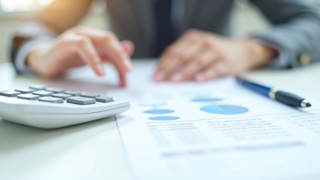 Financial calculator and written notes on savings and debt amounts spread on desk, pen calculating totals, organized papers, bright clear lighting