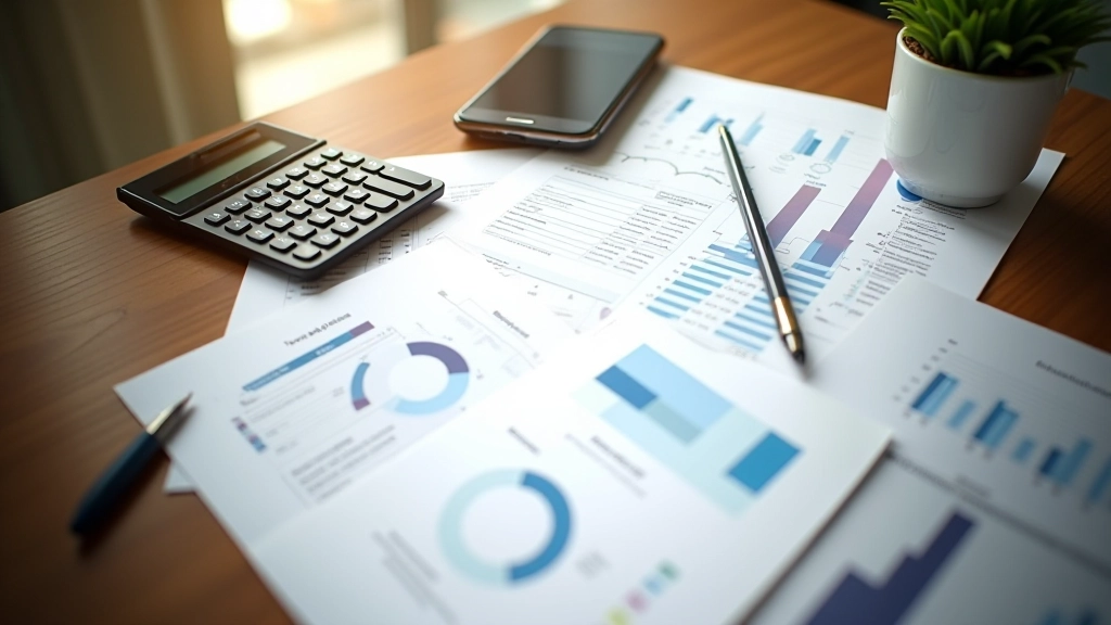 Modern workspace showing financial planning documents, charts, and planning materials on wooden desk