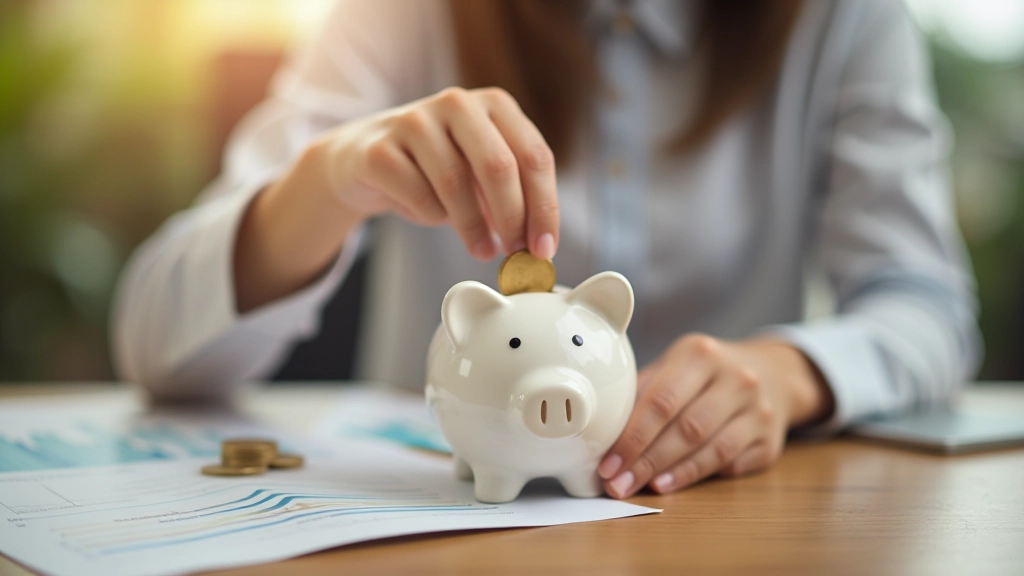 Person holding piggy bank with coins and savings tracker chart visible on table in background