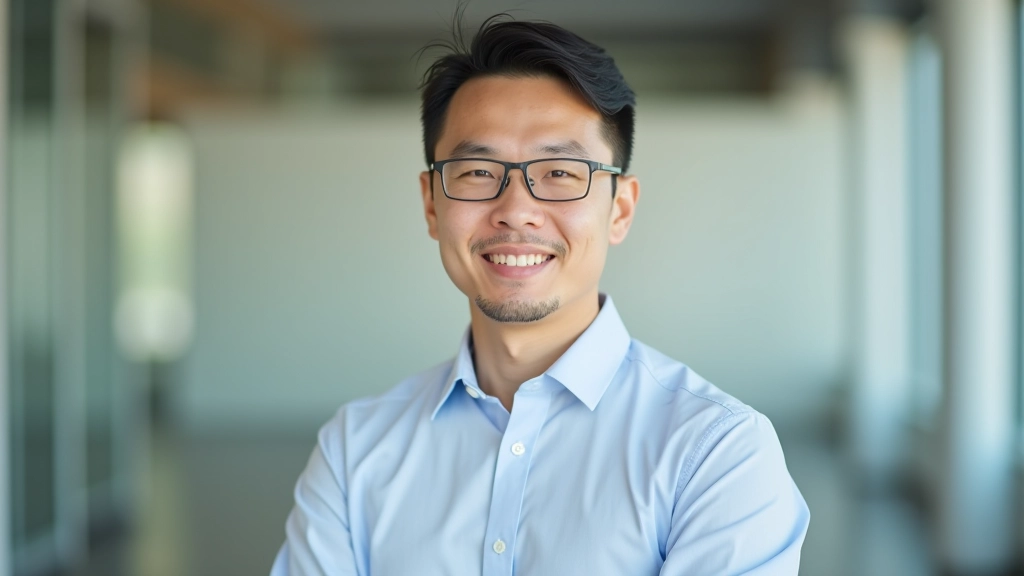 Young man in casual professional clothing, headshot, friendly expression, bright office setting, even lighting