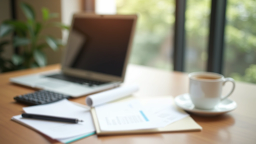 Modern financial planning workspace with laptop and documents on wooden desk in natural morning light