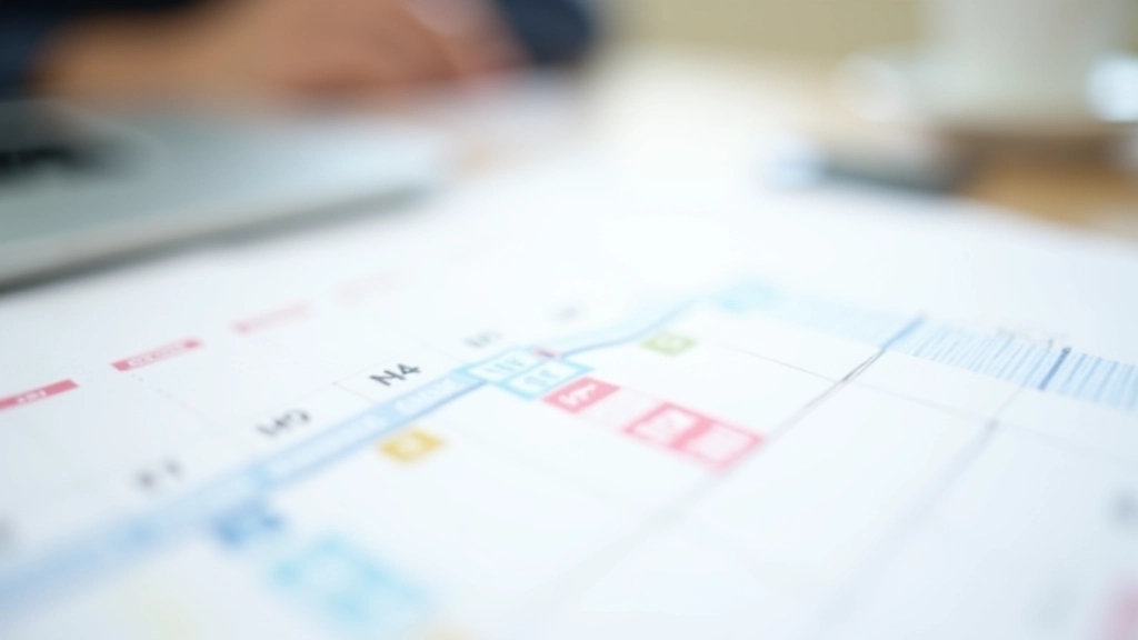 Monthly calendar with marked milestones, checkmarks on specific dates, and progress tracking notes highlighted in different colors