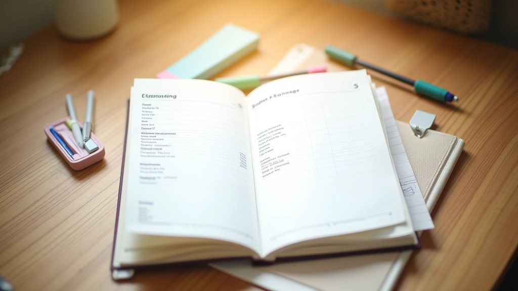 Notebook with handwritten budget notes, monthly expense tracker, and colored highlighters on a light background
