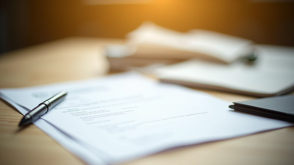 Organized financial documents, notebook, and pen arranged on a light wooden desk with warm afternoon sunlight casting soft shadows, minimalist composition