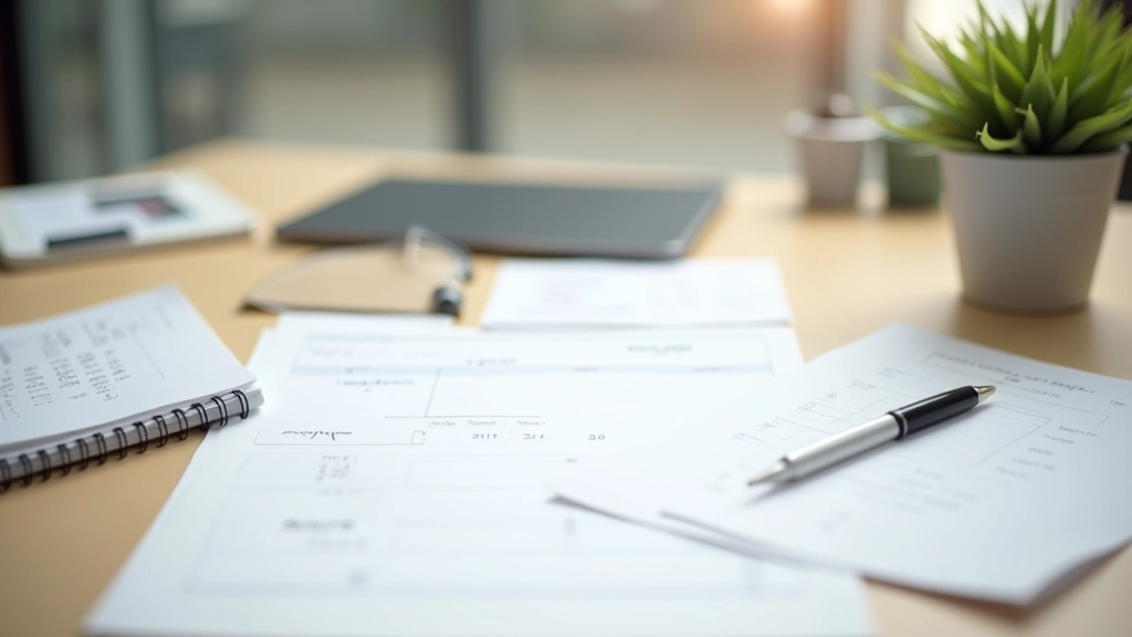 Desk with multiple budget planning tools including calendar, sticky notes, pen, and organized papers for financial planning