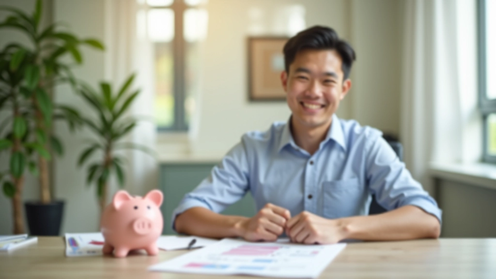 Person at desk with savings tracker spreadsheet, piggy bank, and financial goal chart visible