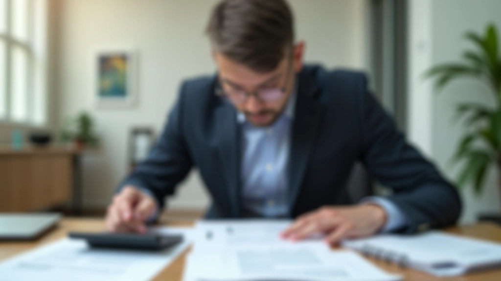 Person reviewing financial documents and charts at a clean wooden desk with a calculator and pen nearby
