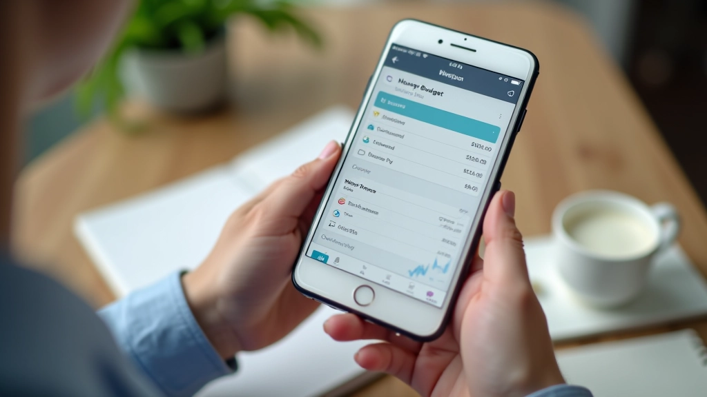 Mobile phone showing budget tracking app with charts, expense categories, and progress bars for visual money management