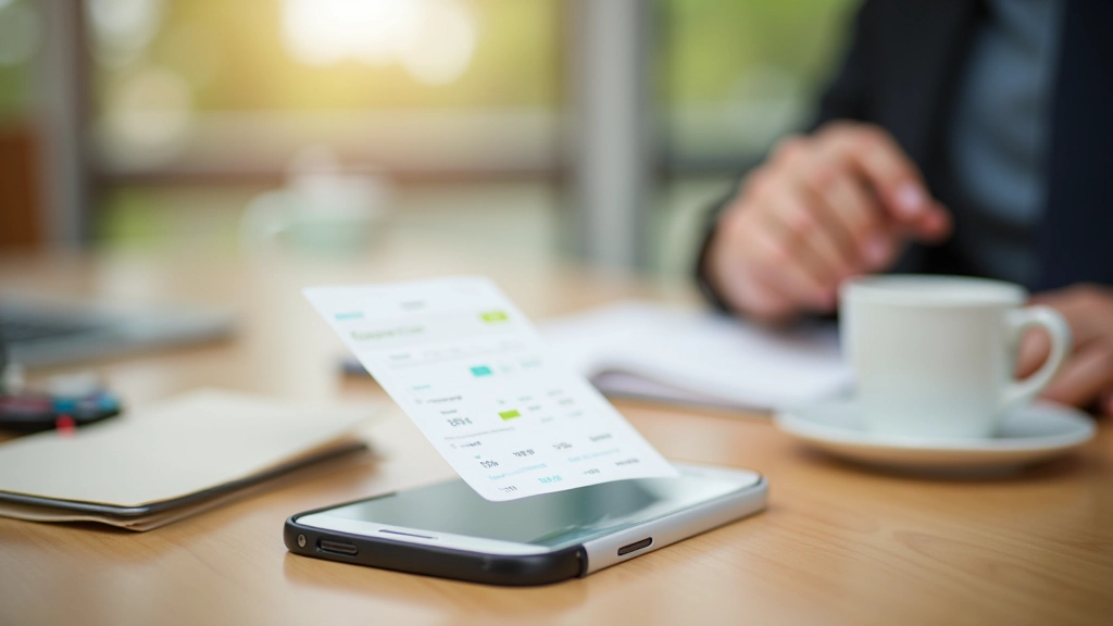 Expense tracker app on smartphone screen, coffee cup beside it on wooden table, organized workspace, afternoon natural lighting, clean composition