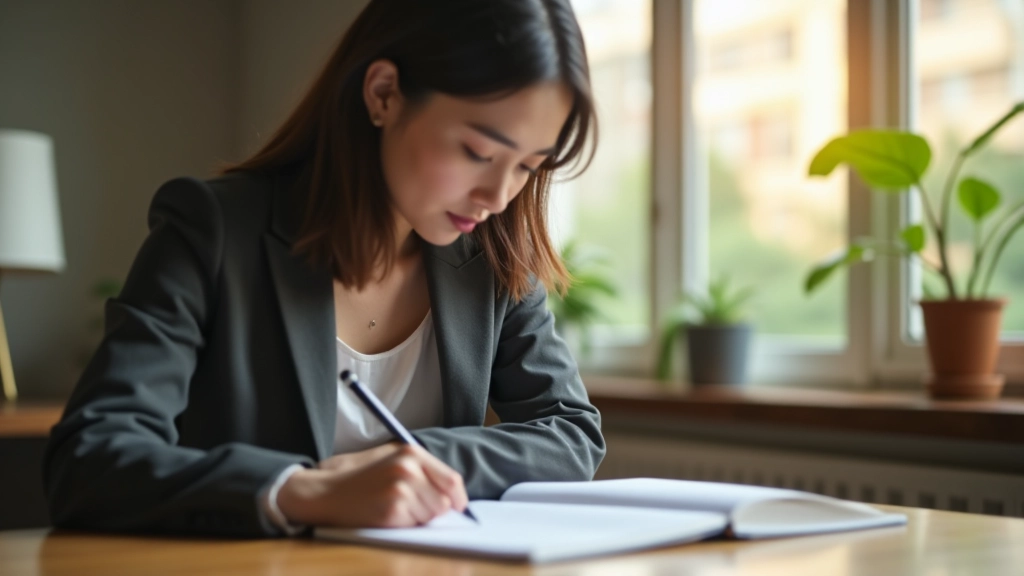 Woman at wooden desk with notebook, pen, and calculator planning financial goals with natural sunlight
