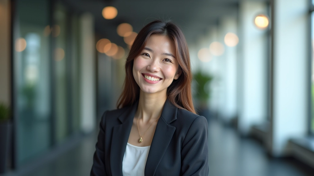 Professional woman in business casual attire, portrait from chest up, warm smile, modern office environment, natural lighting
