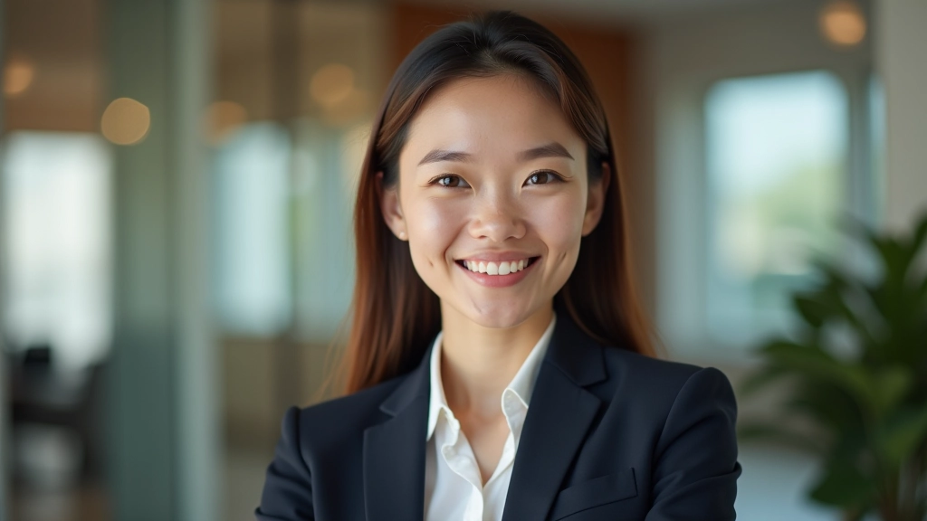 Woman in professional attire smiling, headshot, warm lighting, office setting